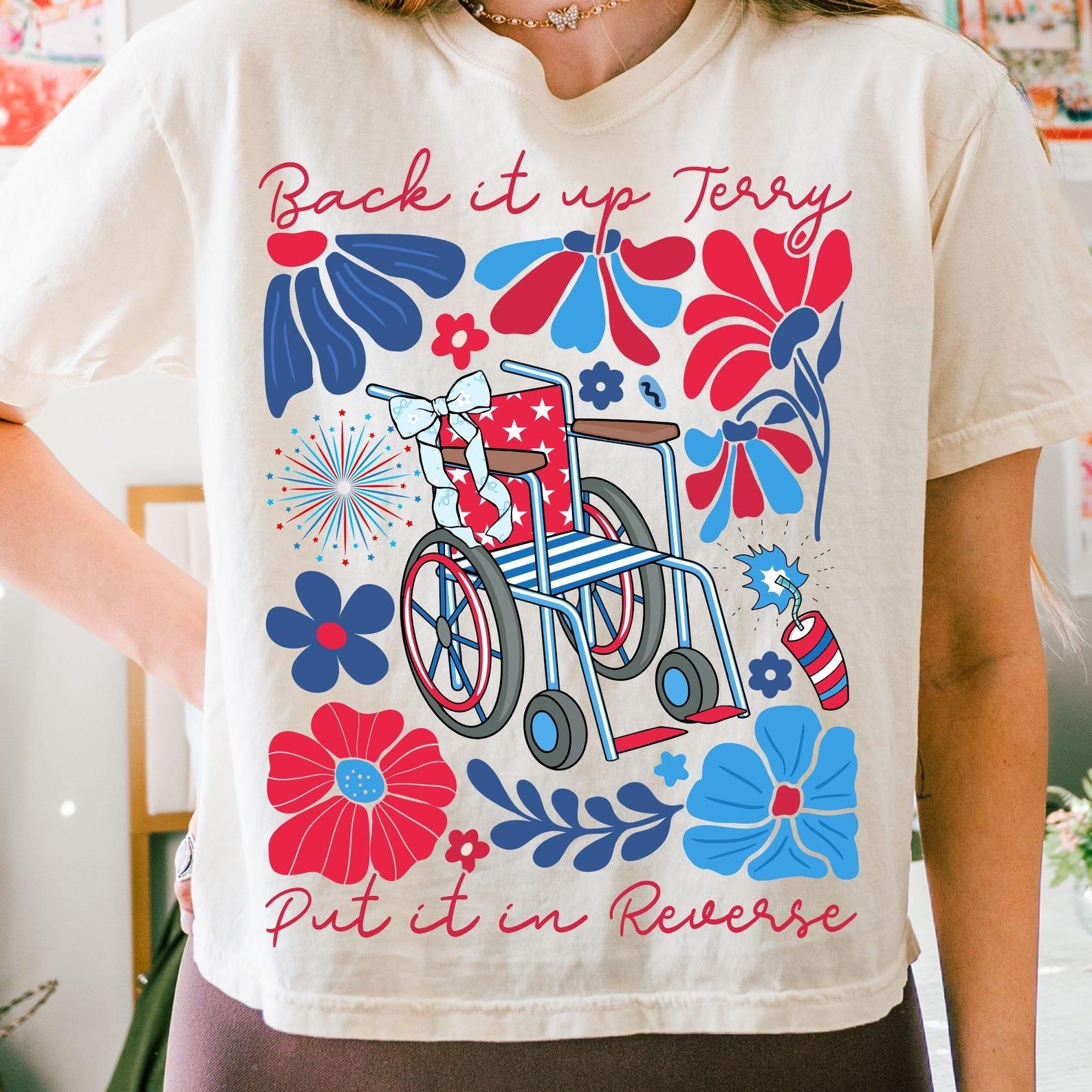 Back It Up Terry TShirt Cute 4th Of July Wheelchair Firework Tee, Floral Patriotic Graphic T-Shirt, Funny USA Independence Day Meme Outfit, Full Colors