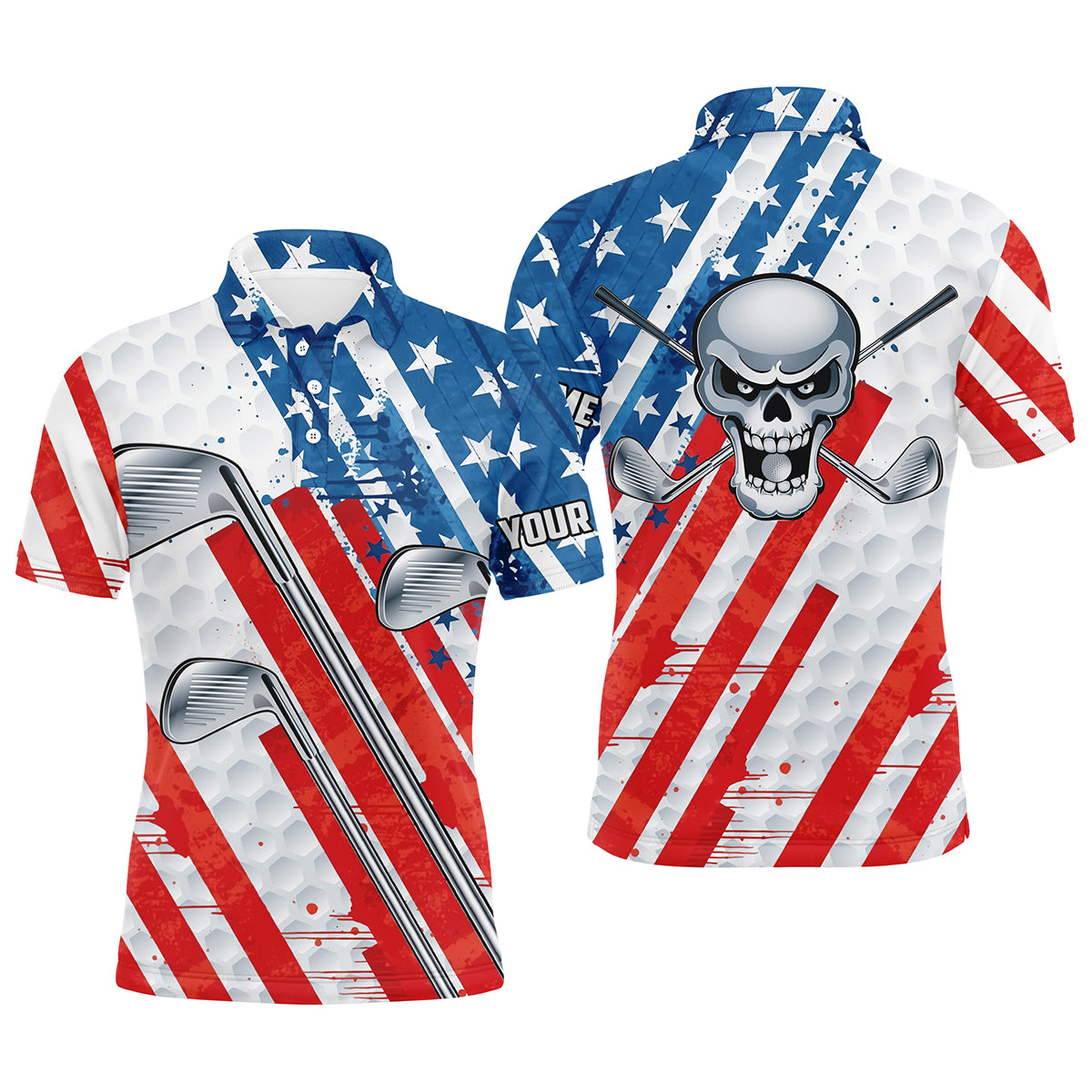 American Flag Golf Skull Patriotic Golf Clubs Men Polo Shirts Custom ...