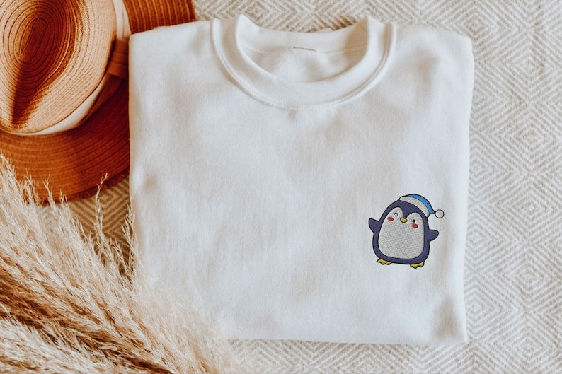 Penguin Hat Blue Xmas Embroidered Sweatshirt 2D Crewneck Sweatshirt All Over Print Sweatshirt For Women Sweatshirt For Men Sws5417