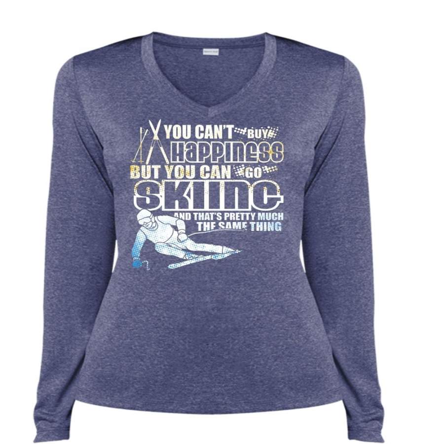 You Can’t Buy Happiness T Shirt, You Can Go Skiing T Shirt, Cool Shirt (Ladies LS Heather V-Neck)