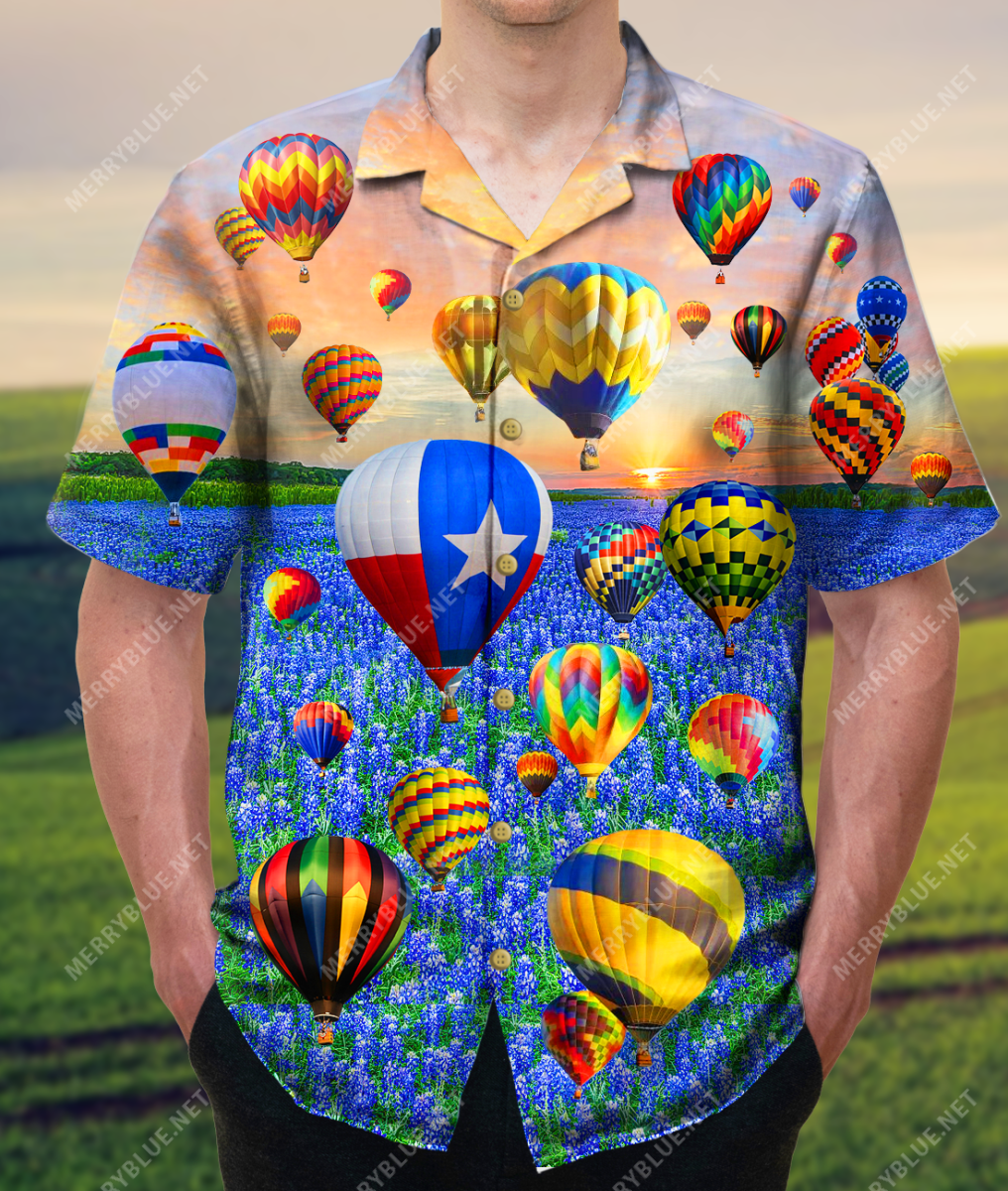 Hot Air Balloon Landing In A Bluebonnet Field Unisex Hawaii Shirt Ha30884