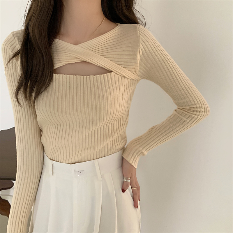 2022 New Slim Fit V-neck Solid Sweaters Autumn and Winter Long Sleeve Sweater for Women Fashion Hollow Out Pullover Tops 23107 alx