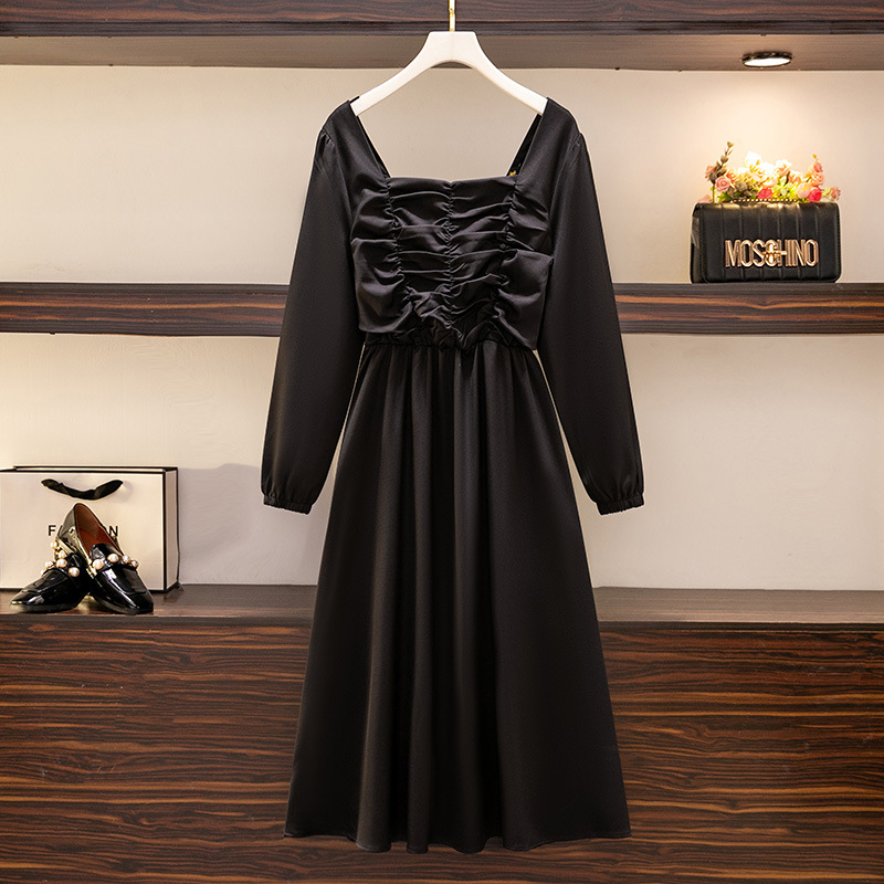 150Kg Plus Size Women’s Retro Temperament Little Black Dress Bust 150cm Spring New Square Collar Slim Dress 5XL 6XL 7XL 8XL 9XL alx