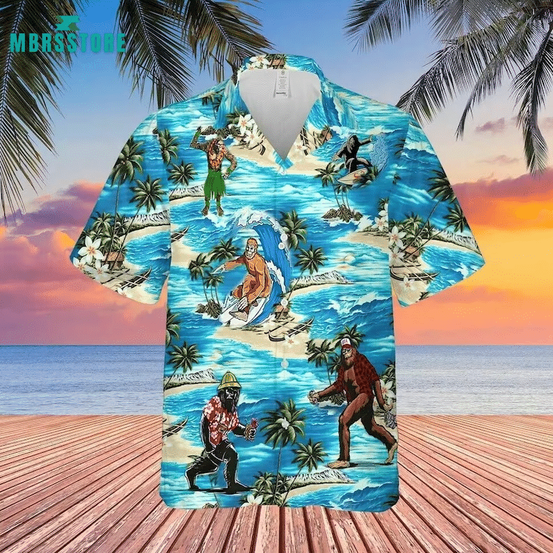 Bigfoot Surfing At The Beach Aloha All Over Print Hawaii Shirt Blue Ha93597