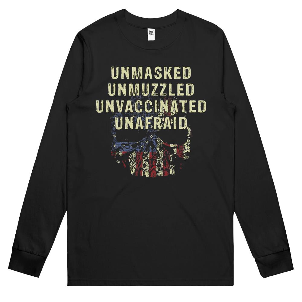 Unmasked Unmuzzled Unvaccinated Unafraid Skull Flag America Long Sleeve T Shirts