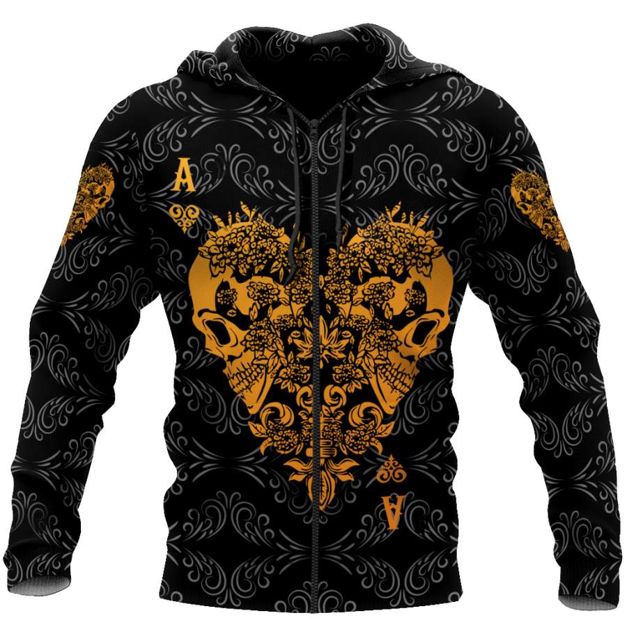 3D Ace Heart Skull Poker Over Printed Hoodie TP