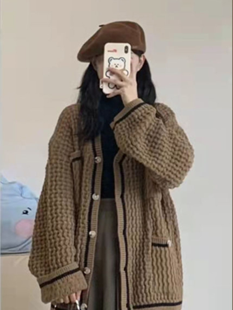 Xgoth Autumn Winter Cool Streetwear Suits Women Vintage Brown Sweater Jacket + Age-reducing Short Pleated Skirt Two-piece Set alx