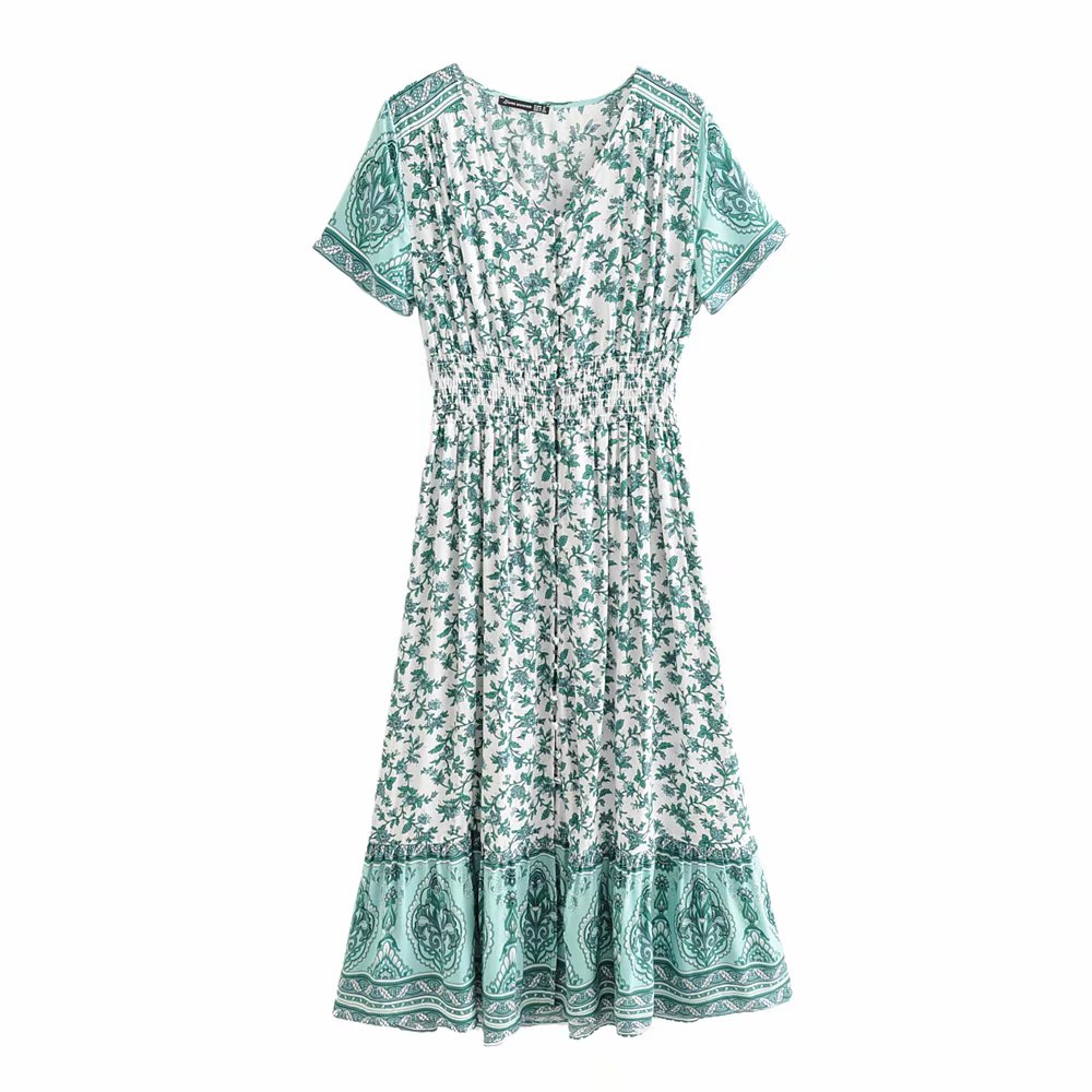 Boho Queens Women Green Floral Print Short Sleeve Bohemian Happie Maxi Dresses Ladies Button Summer Beach Dress Vestido alx