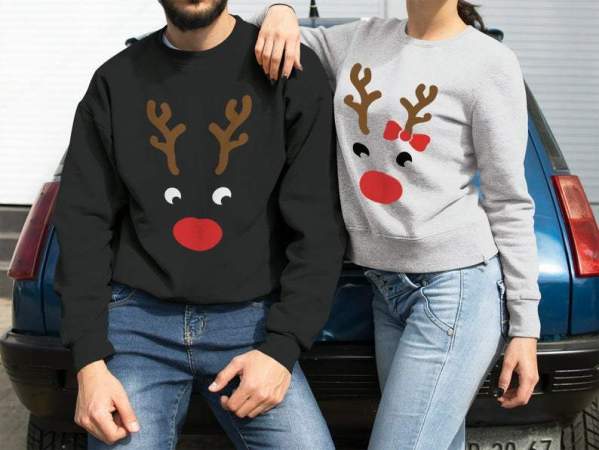 Rudolph Sweatshirt, Christmas Couple Gift, Couple Pajamas Reindeer Sweater, Bow Couple Winter Sweatshirt Gift, Plus Size Sweater, Unisex Sweatshirt, Gift For Him, Gift For Her