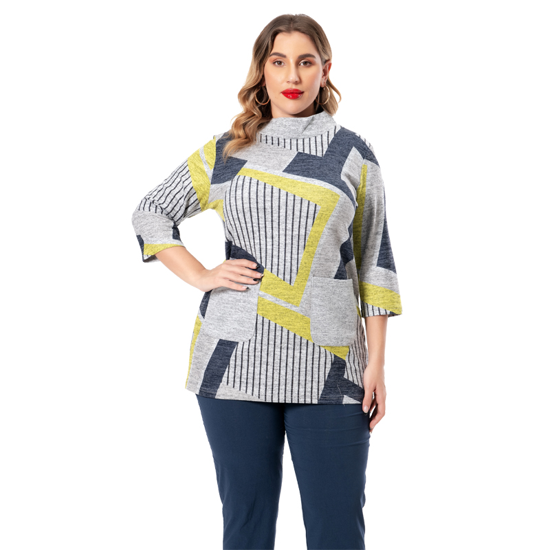 Women Autumn Winter Mini Dress 2021 Plus Size Striped 2 Pockets O-neck Three Quarter Sleeve Three Quarter Sleeve Hotsale F8361-4 alx