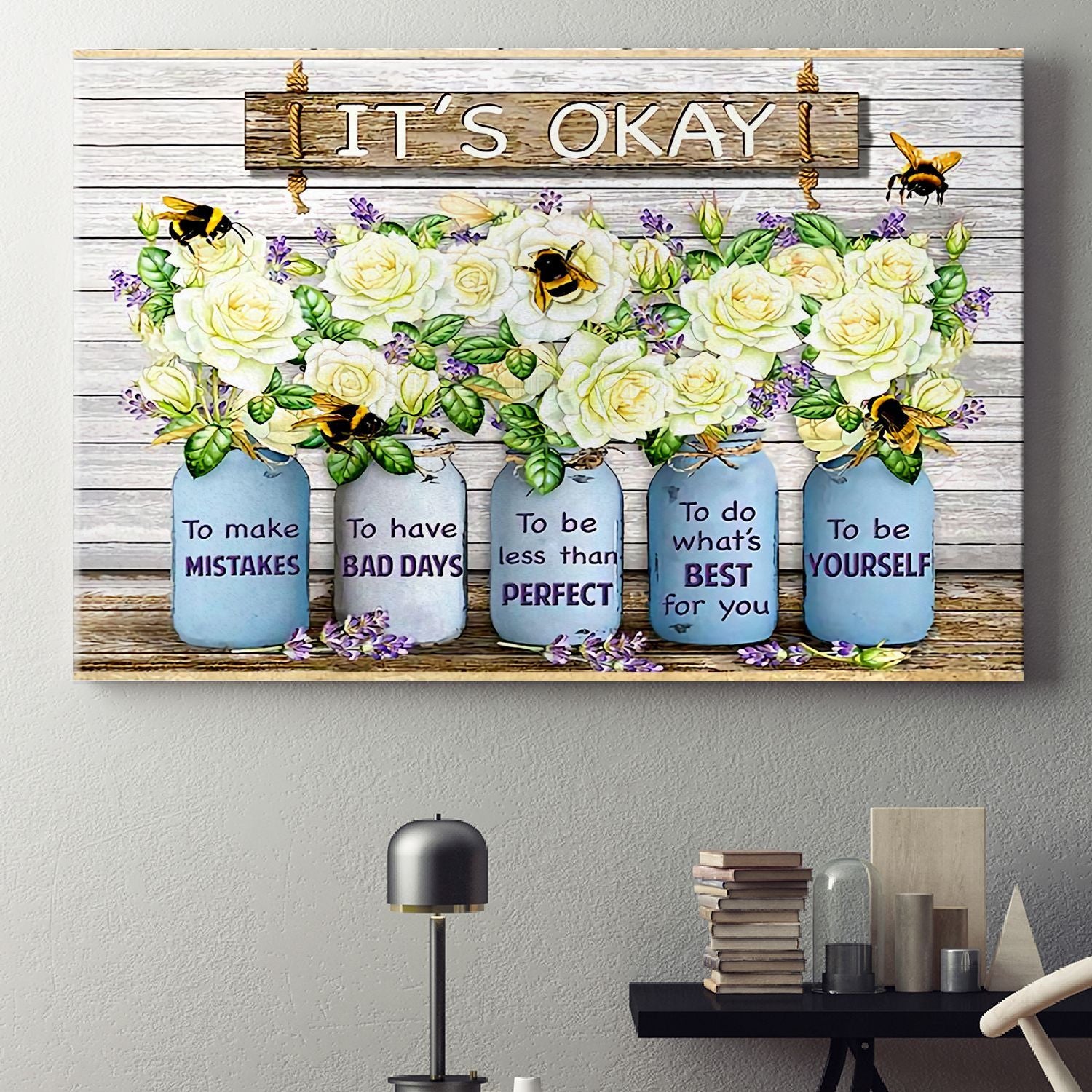 White Roses And Bee Poster – It’S Okay To Be Yourself Canvas Home Décor Birthday Christmas Gifts For Girl Women Friends – Gigo Smart