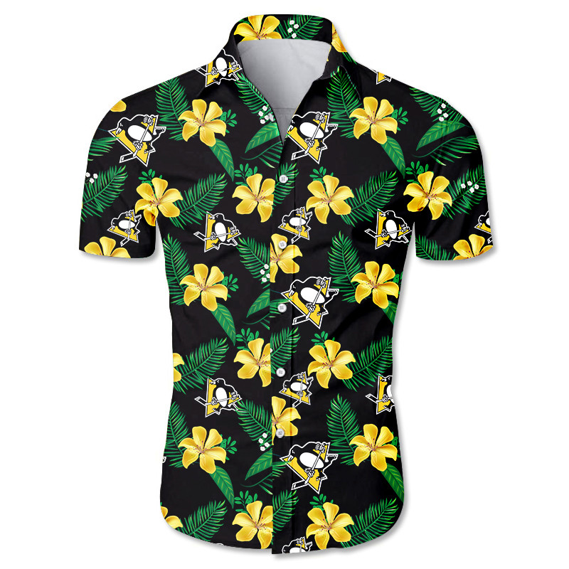 Pittsburgh Penguins Hawaiian Shirts Tropical Flower Short Sleeve