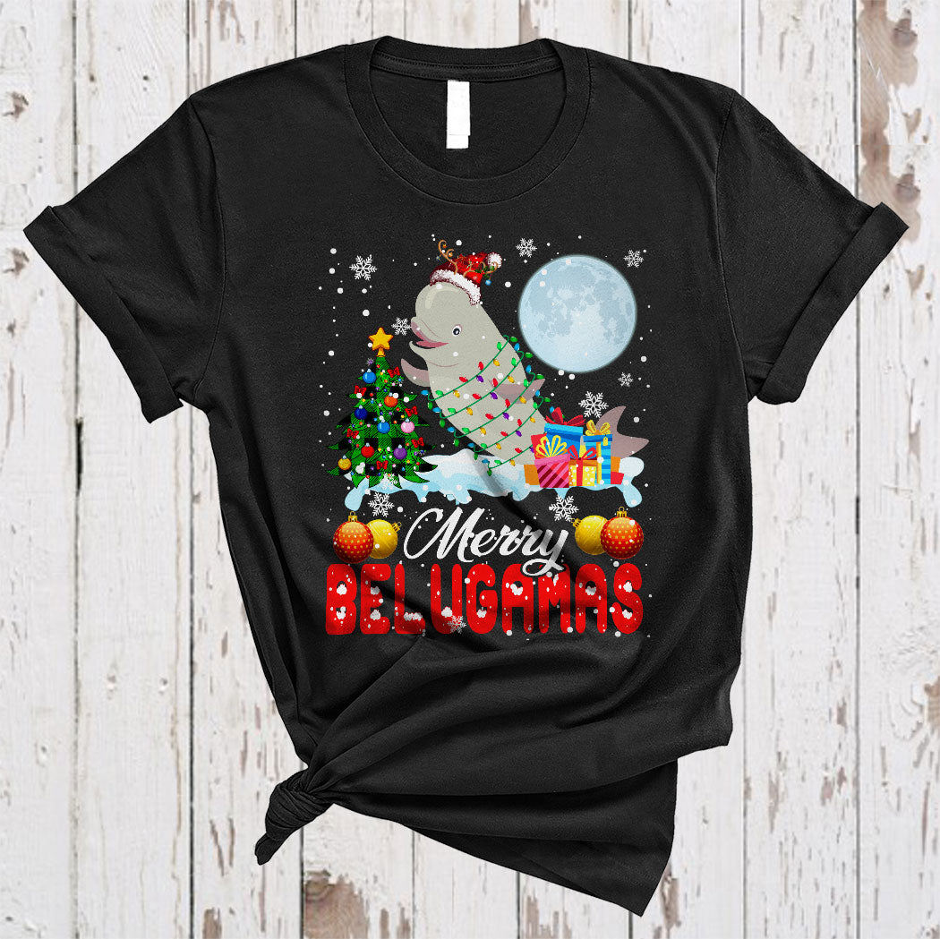 Merry Belugamas Funny Christmas Lights Tree Plaid Santa Reindeer Beluga Whale Lover Gifts T-Shirt