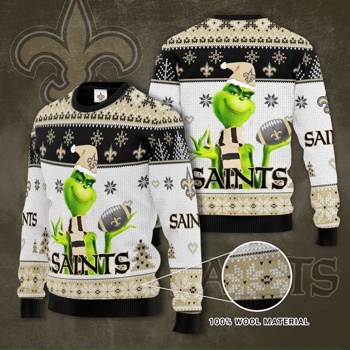 New Orleans Saints White Golden The Grinch Edition Gift For Fan Ugly Wool Sweater Christmas