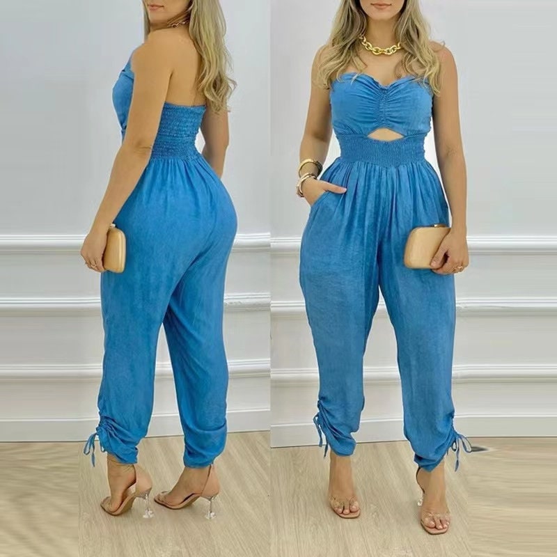 Women Tube Top Denim Jumpsuit Sleeveless Strapless Outfits lady denim jumpsuits Dungarees Baggy woman clothing summer tops jumpsuit