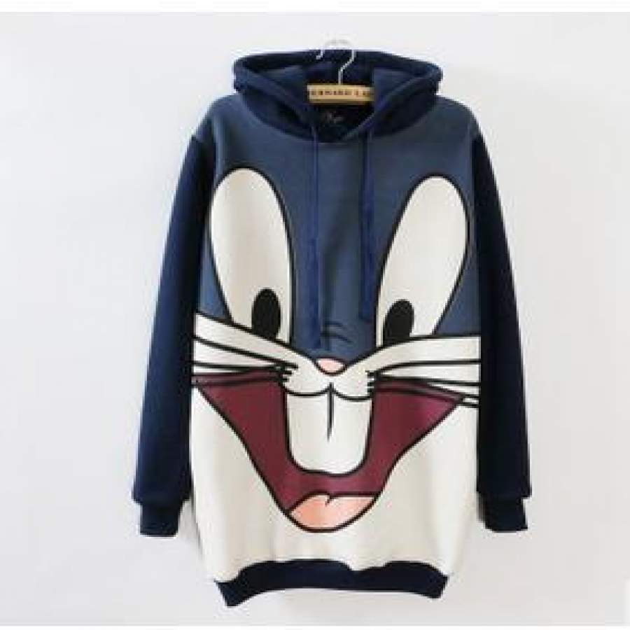 Korea Cartoon Bugs Bunny Rabbit Blue Long Hooded Fleece Sweatshirt Womens Winter Print Hoodie Patchwork Casual Wear Plus Size