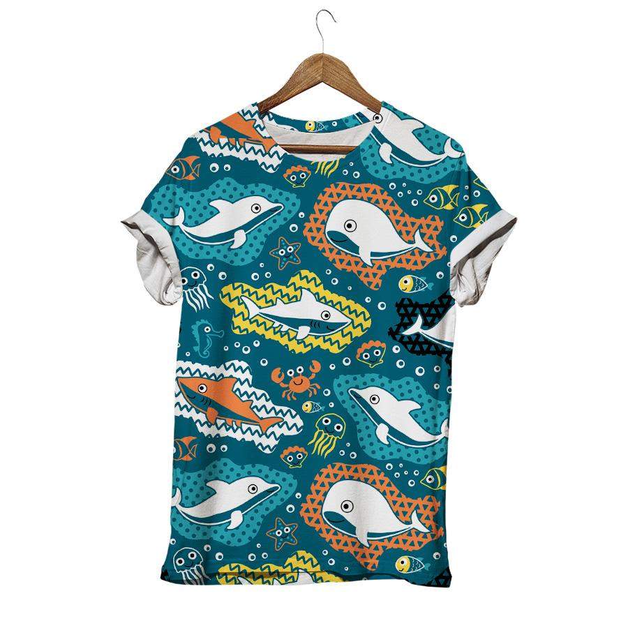 Seamless Pattern Vector With Marine Life Animals Fish T-shirt