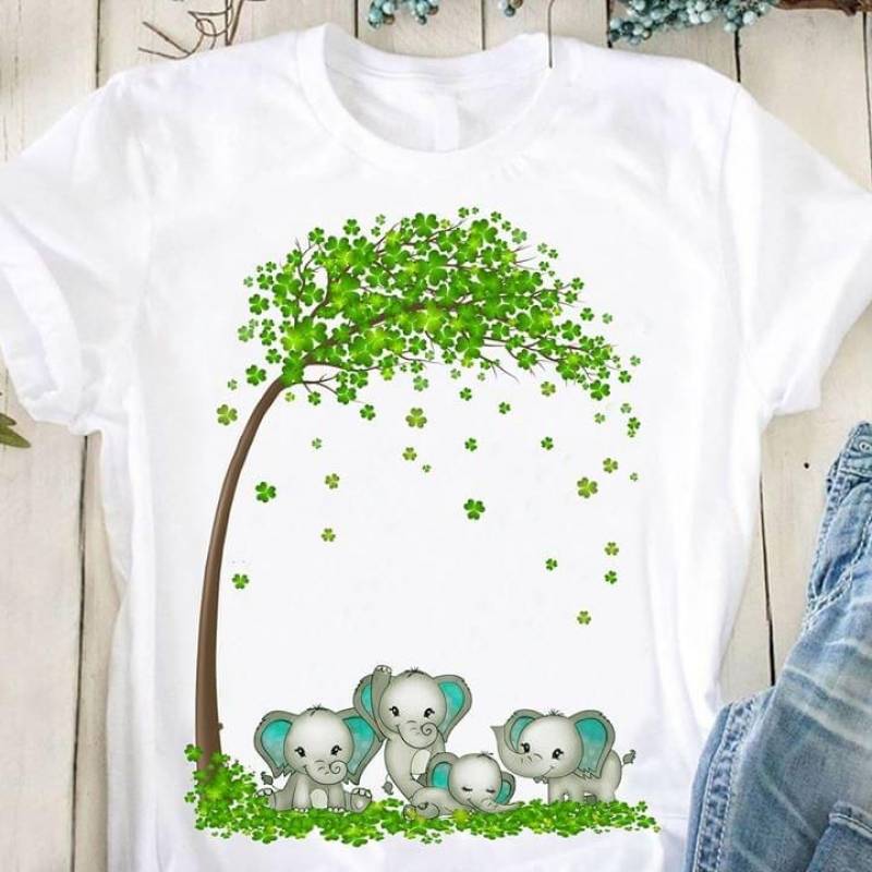 Four Elephants And Lucky Four Leaf Best Gift For Your Friend Who Love Animal And Nature White Men And Women T Shirt S-5Xl