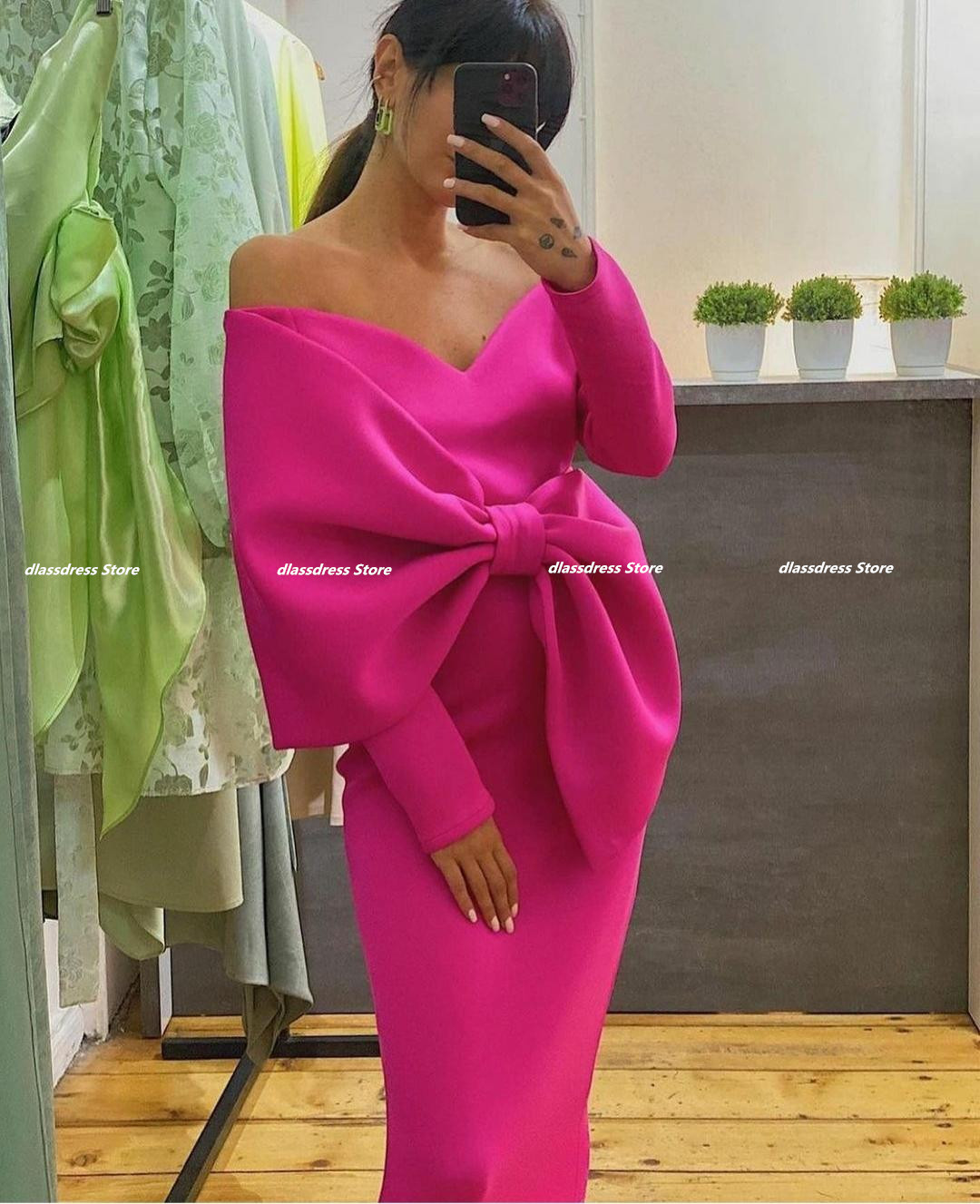 V Neck Short Satin Evening Dresses With Bow Long Sleeves Zipper Back Bodycon Rose Red 2022 Formal Party Dress Women High Quality alx