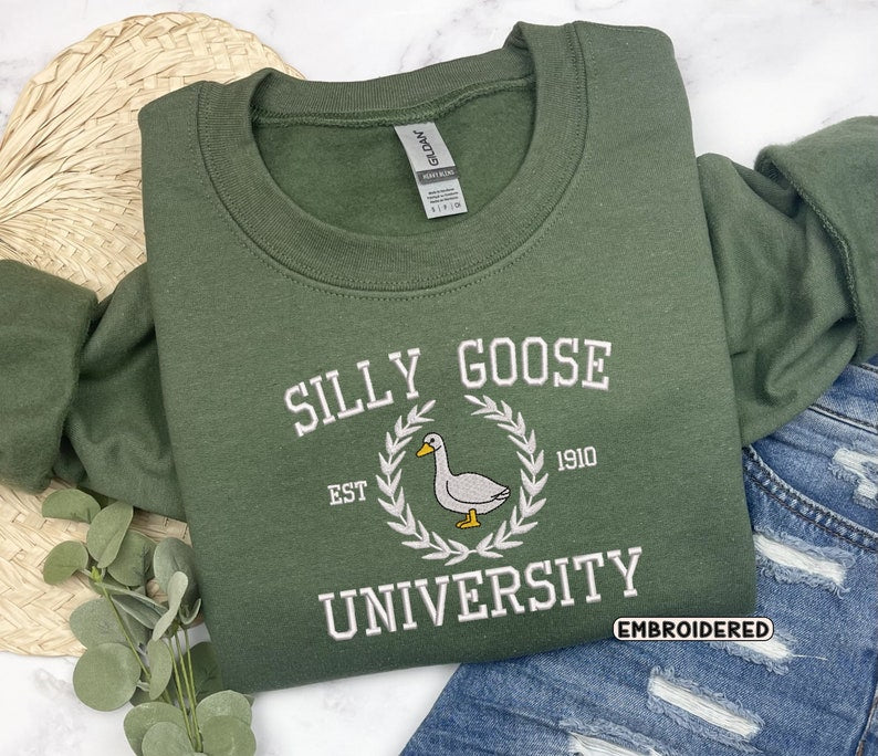 Silly Goose University Embroidered Sweatshirt 2D Crewneck Sweatshirt All Over Print Sweatshirt For Women Sweatshirt For Men Sws2783