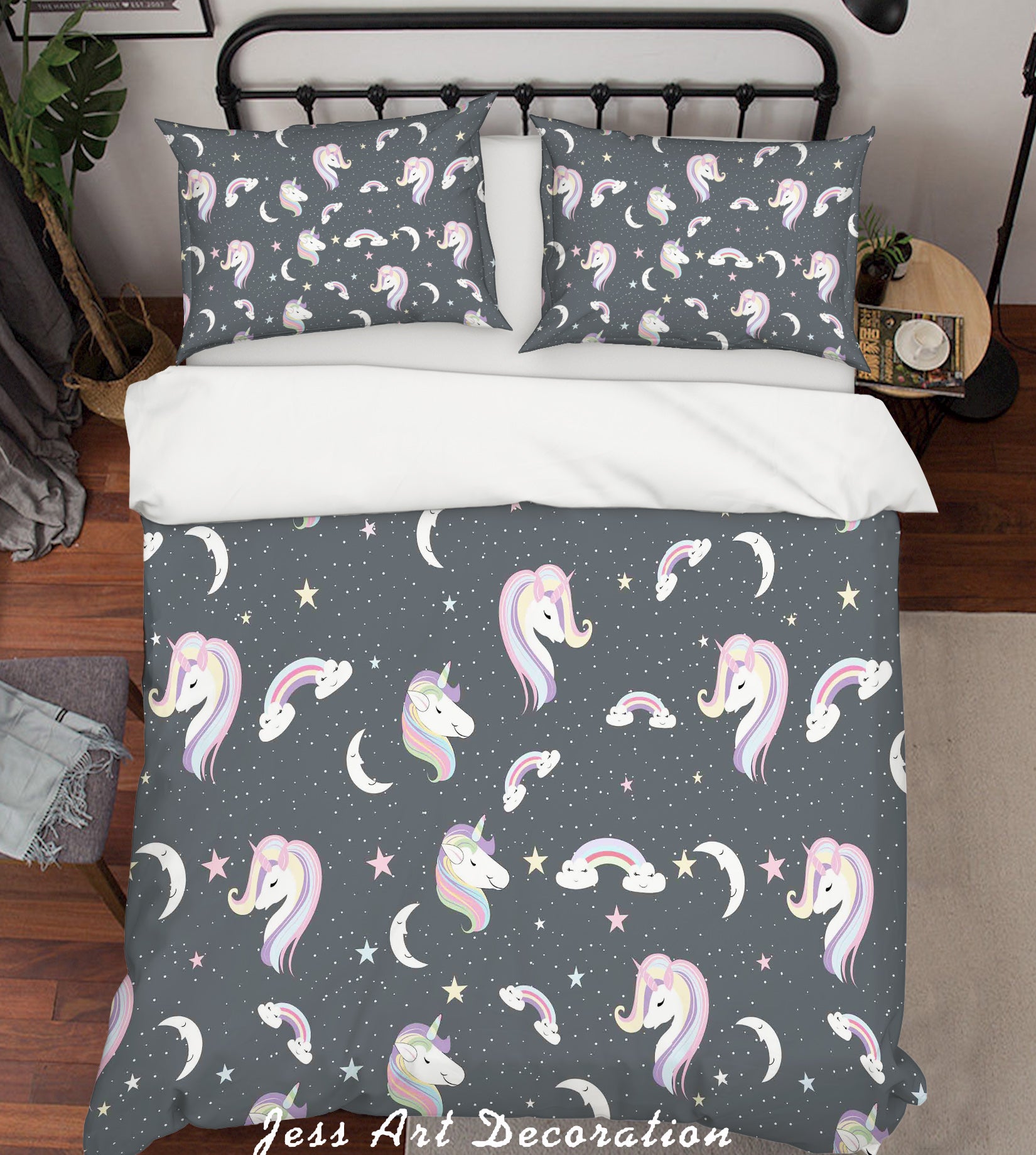 3D Black Unicorn Rainbow Moon Star Quilt Cover Set Bedding Set Pillowcases 80