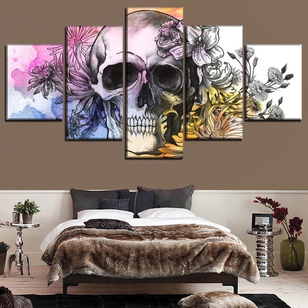 Gift For Skull Lover Skull Flowers 5 Pieces Canvas Wall Art Hg