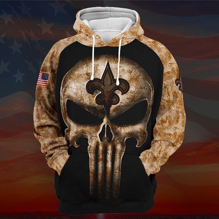 Camouflage Skull New Orleans Saints American Flag 96 Unisex 3D Hoodie Gift For Fans