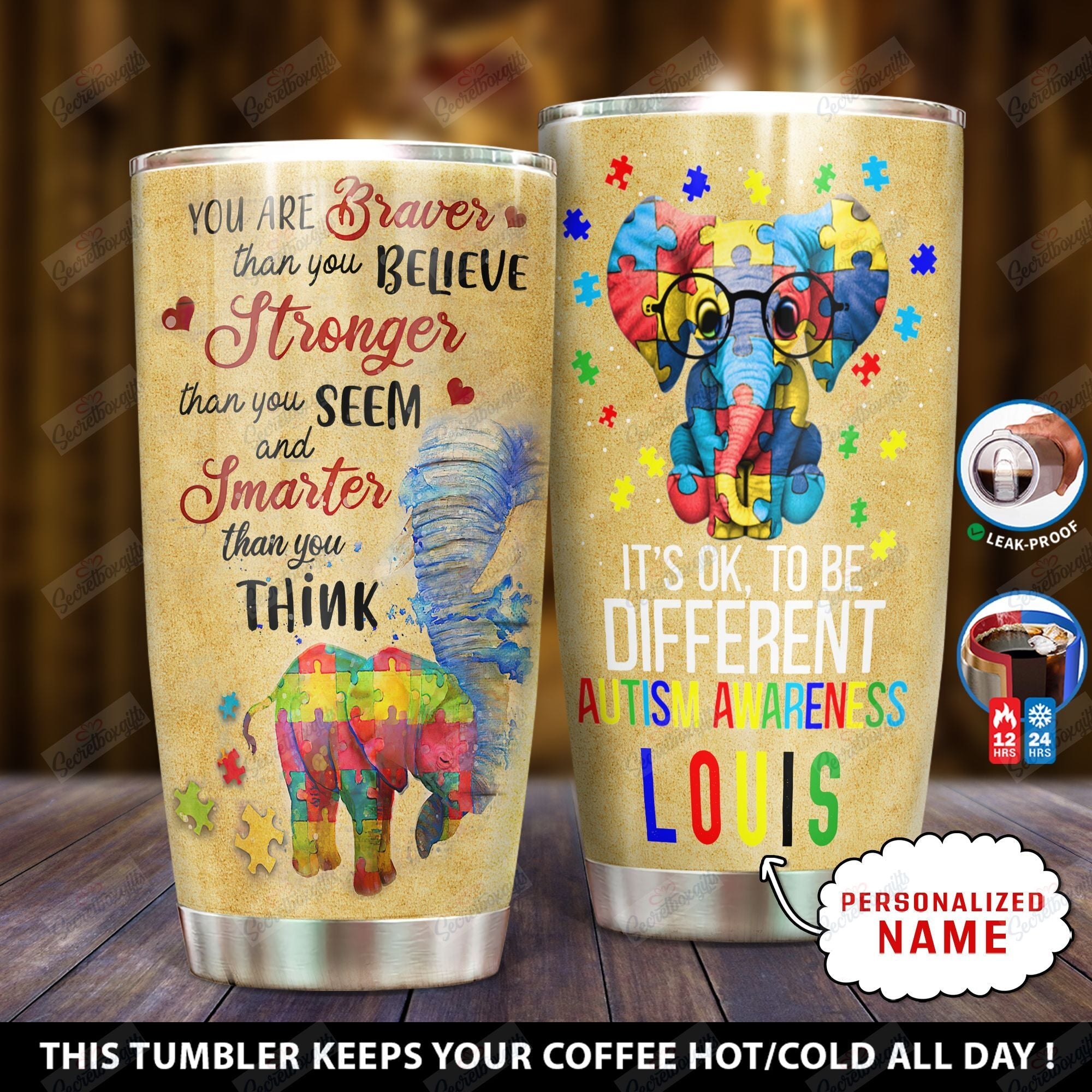 Personalized Autism Elephant You Are Braver Than You Believe Yp2601001Xk Stainless Steel Tumbler Travel Customize Name, Text, Number, Image