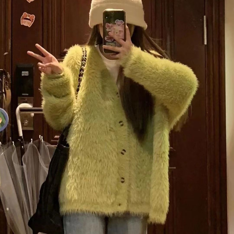 Avocado Green Super Fairy Cardigan Sweater Female Slouchy Long Sleeve Solid Japanese Vintage Knitted Cardigan Sweater Female alx