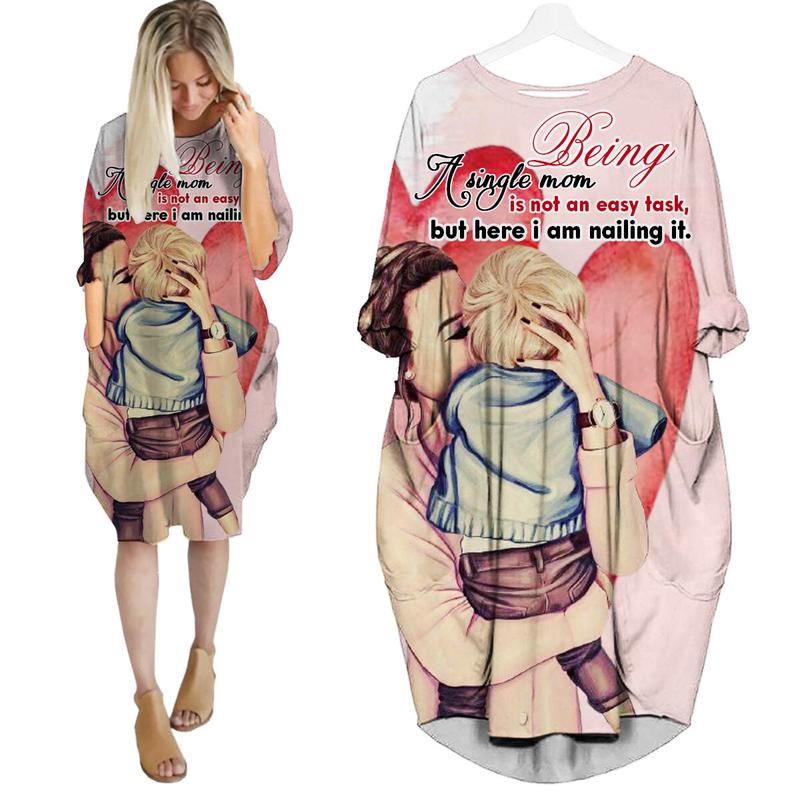 Being A Singlemom Is Hard All Over Printed Batwing Pocket Dress-Tu0021