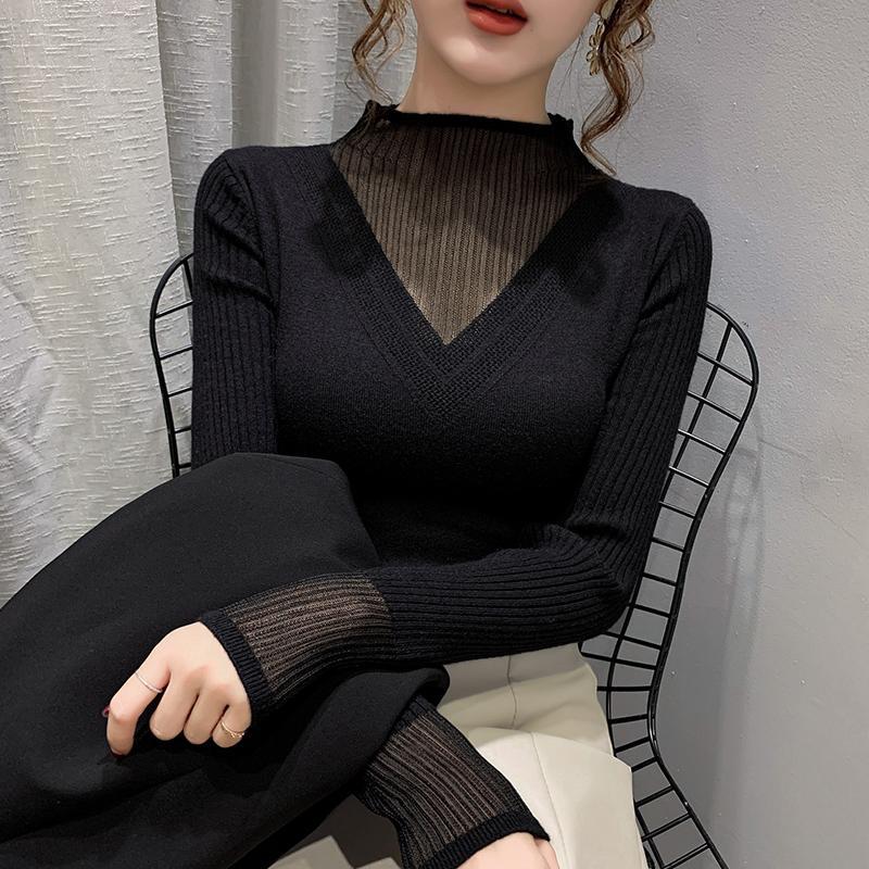 Woman Sweaters Chandails Autumn Winter Lace Turtleneck Sweater Women’s Scheming Slim Fit Sweater Long-Sleeved Top alx