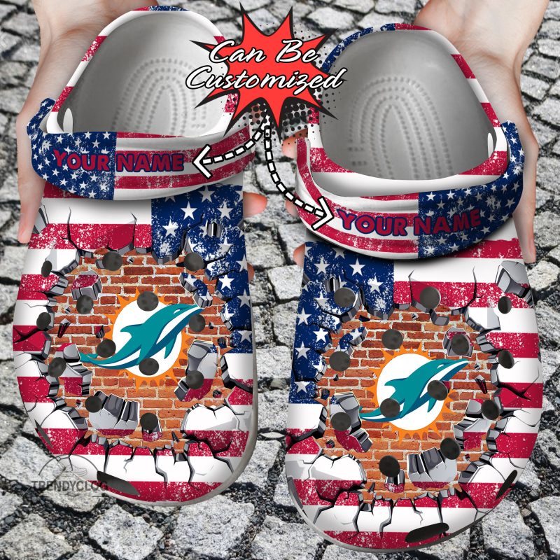 Football Personalized MDolphins American Flag Breaking Wall Clog Shoes