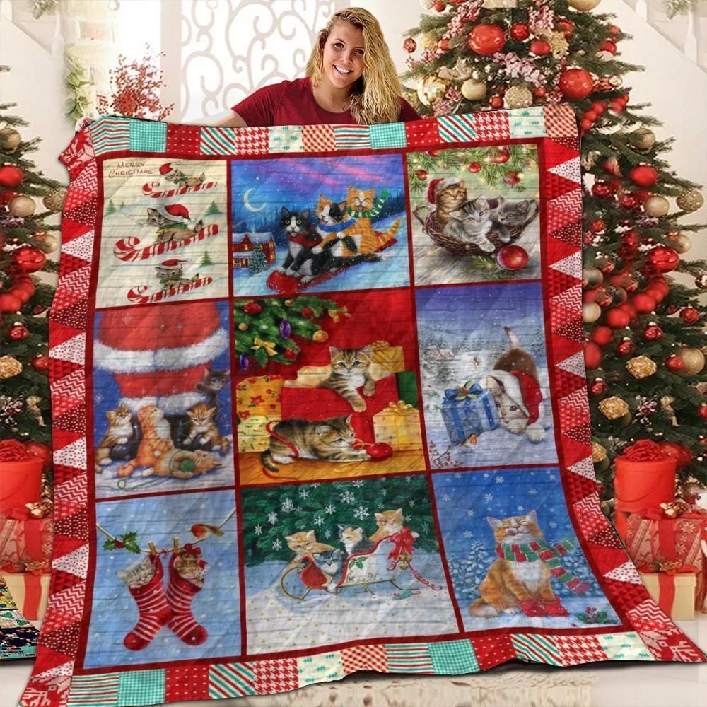 Cats  Love Christmas Christmas Candy Cane Quilt Blanket