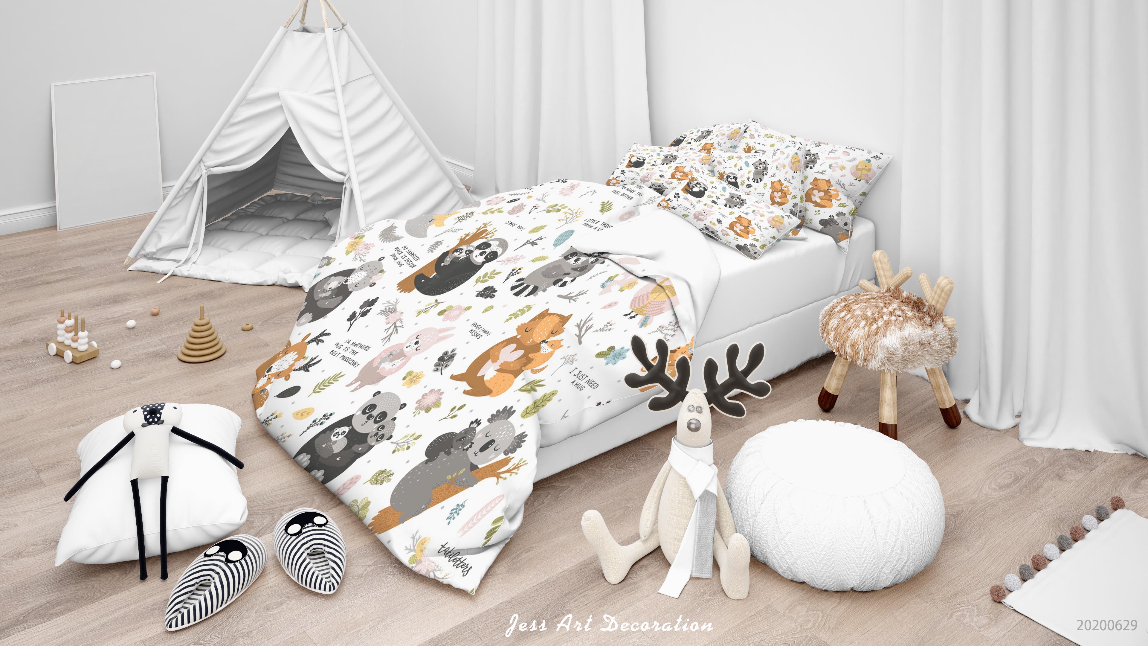 3D White Floral Animal Bear Panda Elk Rabbit Fox Lion Bird Koala Quilt Cover Set Bedding Set Duvet Cover Pillowcases Sf01