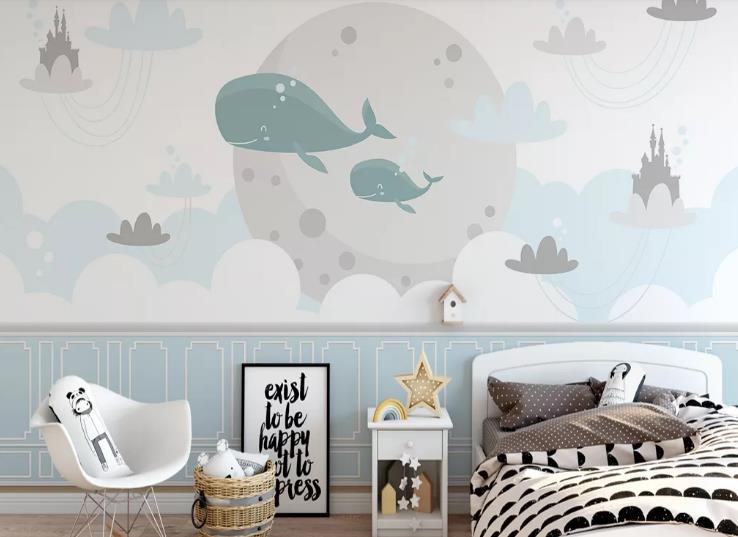 3D Hand Drawn Dolphin Cloud Castle Sky Wall Mural Wallpaper Lqh 202