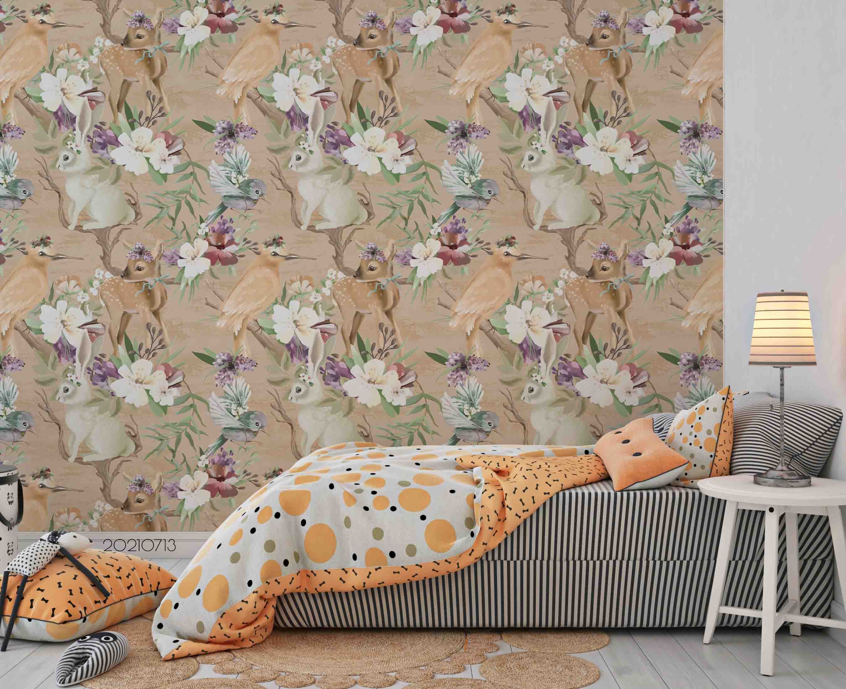 3D Retro Floral Animal Rabbit Wall Mural Wallpaper Lqh 18