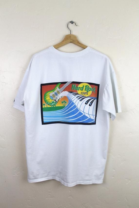 90S Vintage Hard Rock Cafe Miami Shirt Big Graphic Guitar Palm Trees Ocean Florida White Shirt