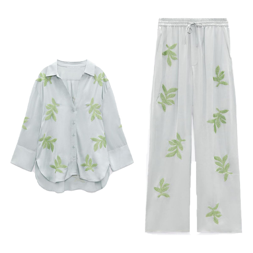 Summer new women’s lapel satin texture embroidery embroidered shirt and leaf embroidery embroidered high waist wide leg trousers alx