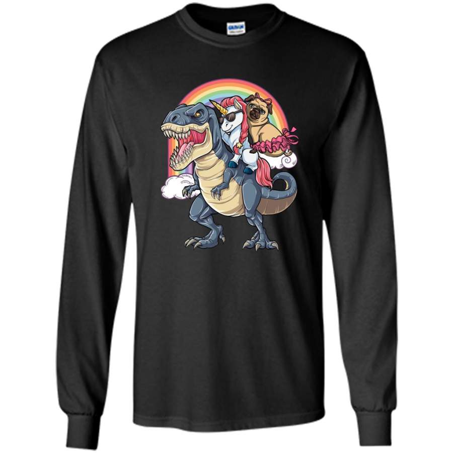 Unicorn and Pit Pug Dog Riding Dinosaur Rainbow – Gildan Long Sleeve Shirt