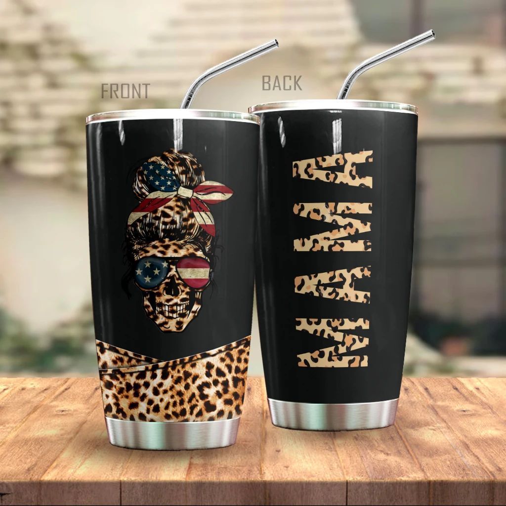 Custom Name Mama Leopard Lady Skull Us Flag Gift For Lover Day Travel Tumbler All Over Print Tl97