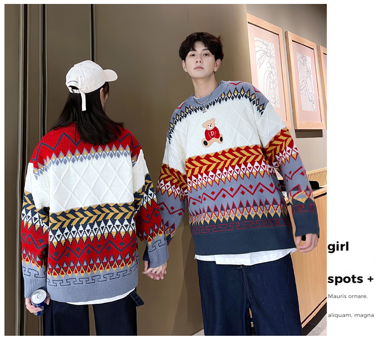 2022 New Fashion Couple Sweater Winter Thickened Bottoming Knitted Pullover Oversized Loose Knitted Cute Bear Pattern Sweaters alx