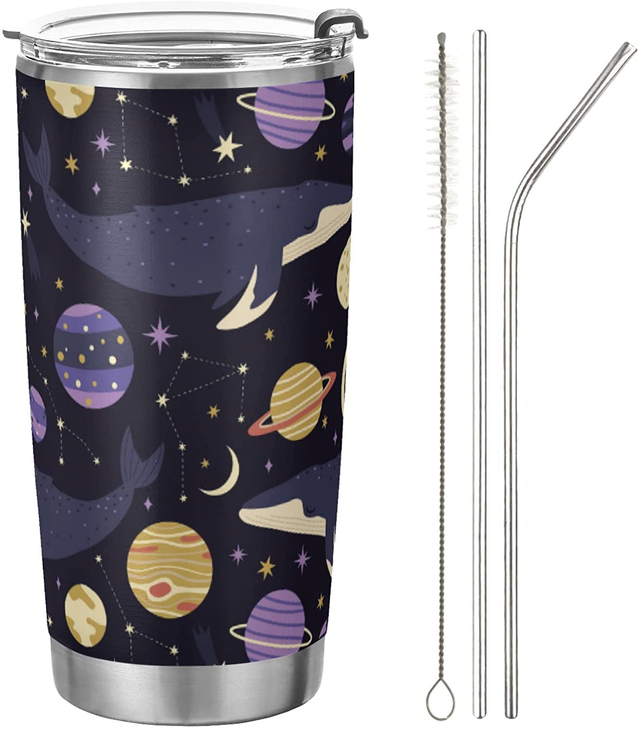 Space Whales Planet Tumbler With Lid And Straw Funny Animals Star Blue 20 Oz Stainless Steel Water Bottle Vacuum Insulated Coffee Mug