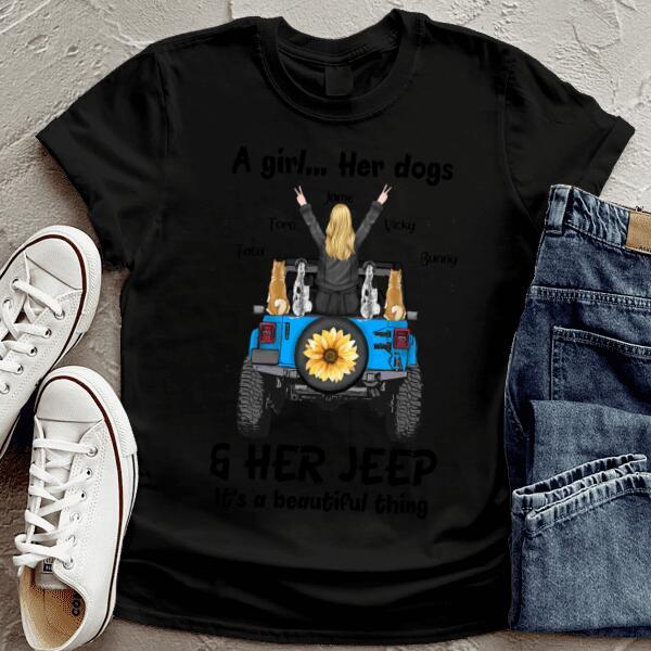 Custom Personalized Jeep Dog Mom T-Shirt – Up To 4 Dogs – A Girl Her Dogs & Her Jeep – 2Otn07