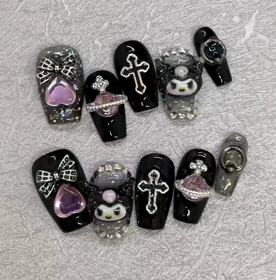 Black Purple Kurommi Press On Nails/Purple Anime Kawaii Fake Nails/Y2k nails/Japanese Cute Nails/ Reusable Fake Nails/girdling Nails #260