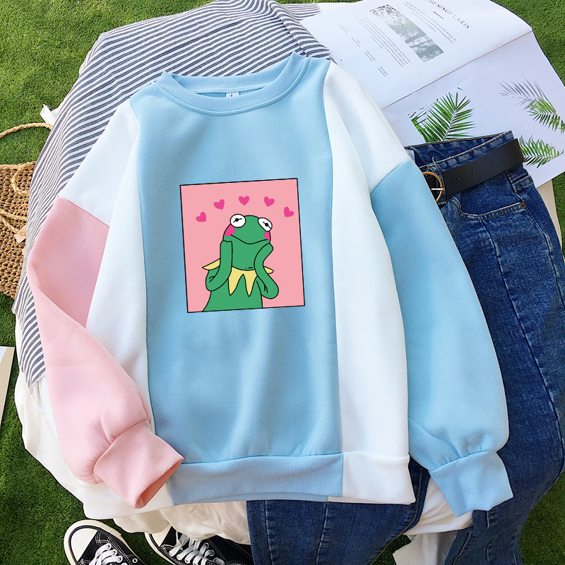 Women’s Sweatshirts y2k Kawaii Cute Cartoon Frog Print O-neck Multicolor Stitching Korean Fashion Harajuku Hoodies Woman Clothes alx