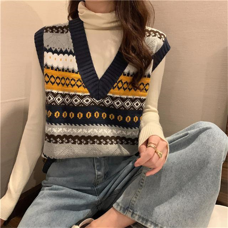 2022 Vintage Printed Sweater Vest Sleeveless Casual Outerwear Knitted Waistcoat Y2K Spring Autumn Girl Sweet Kawaii Pullover Top alx