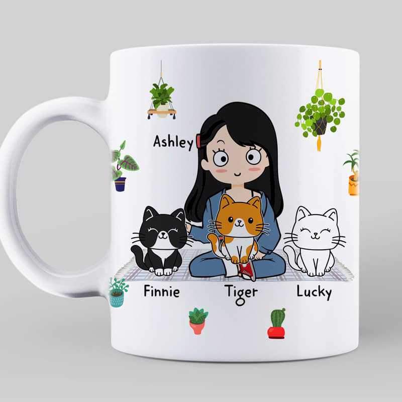 Girl And Cats Plant Personalized Mug