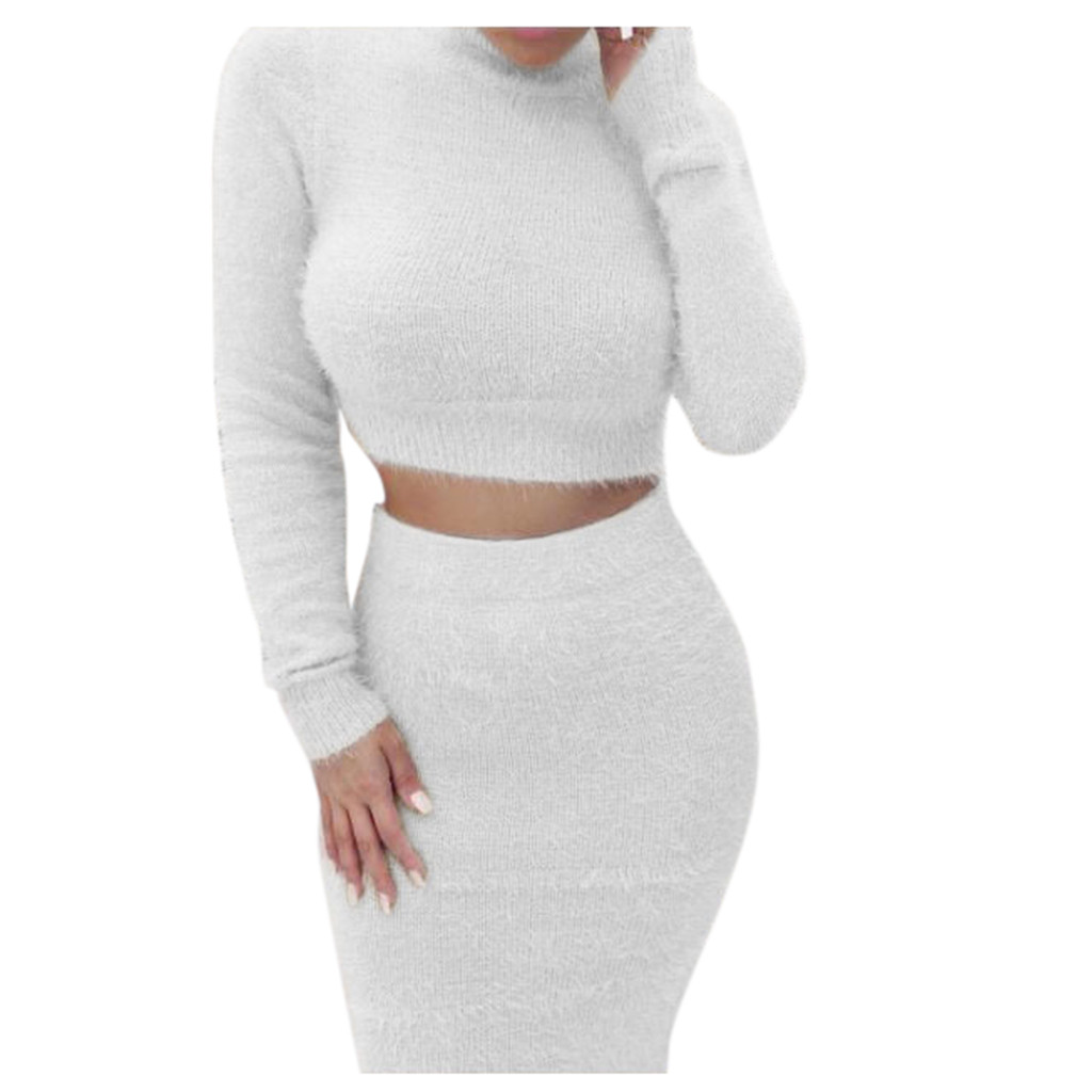 Women Solid Colors Sweater Bodycon Skirt Set Winter Long Sleeved Cropped Top + Pencil Skirt Knitted Suit Plus Size vestidos#g3 alx