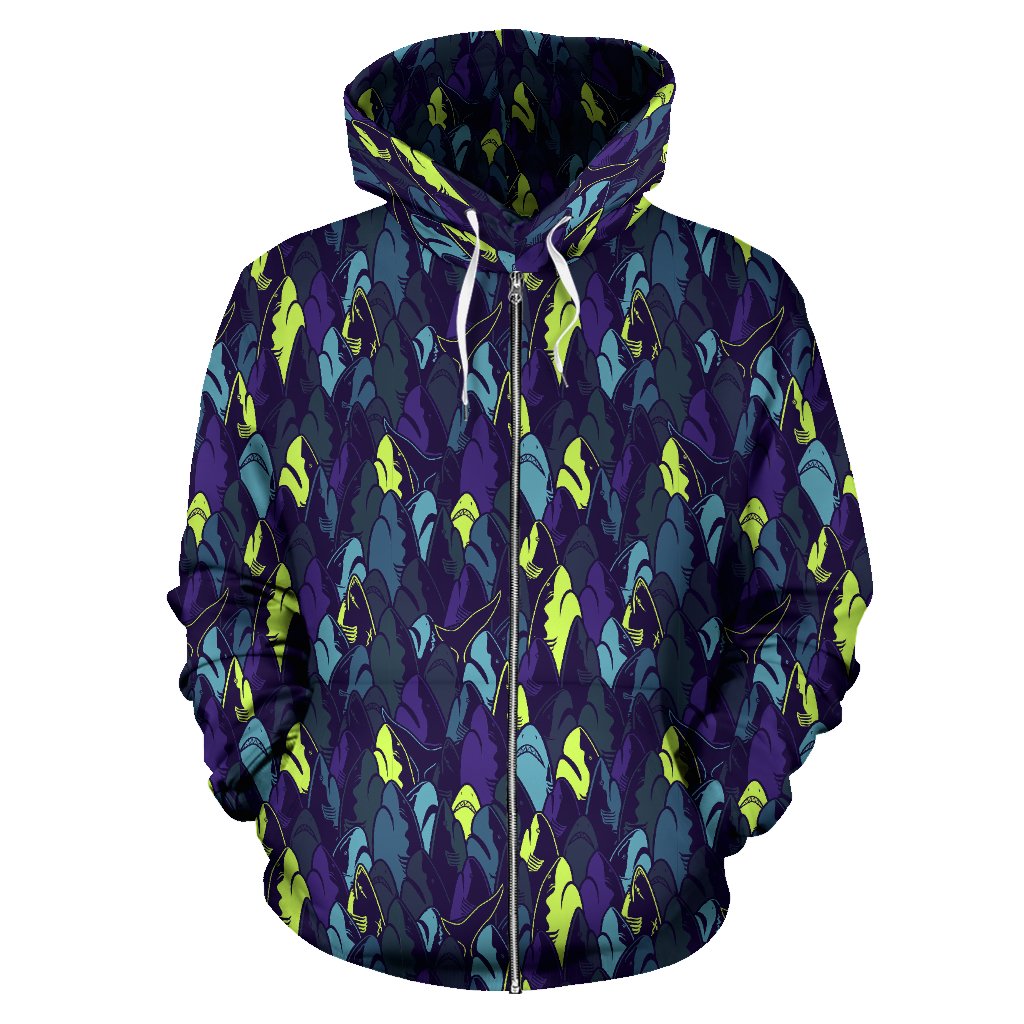 Shark Neon Color Print Zip Up Hoodie