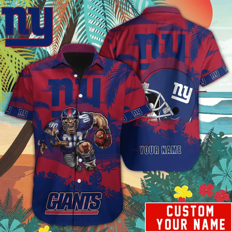 New York Giants Mascot Button Up Hawaiian Shirt Custom Name